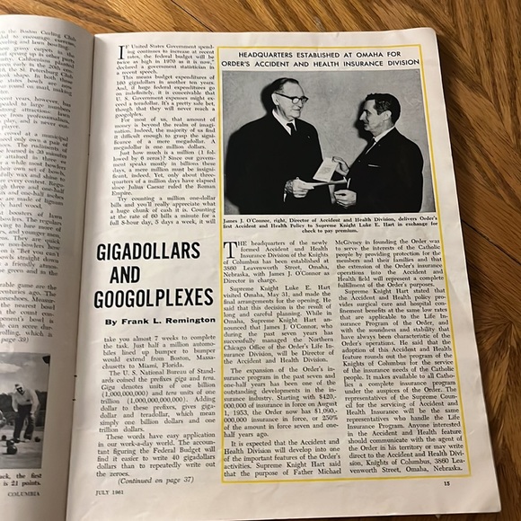 VTG 1961 Columbia Magazine Knights of Columbus
Volume XLI, July 1961 - Ephemera - Picture 6 of 7